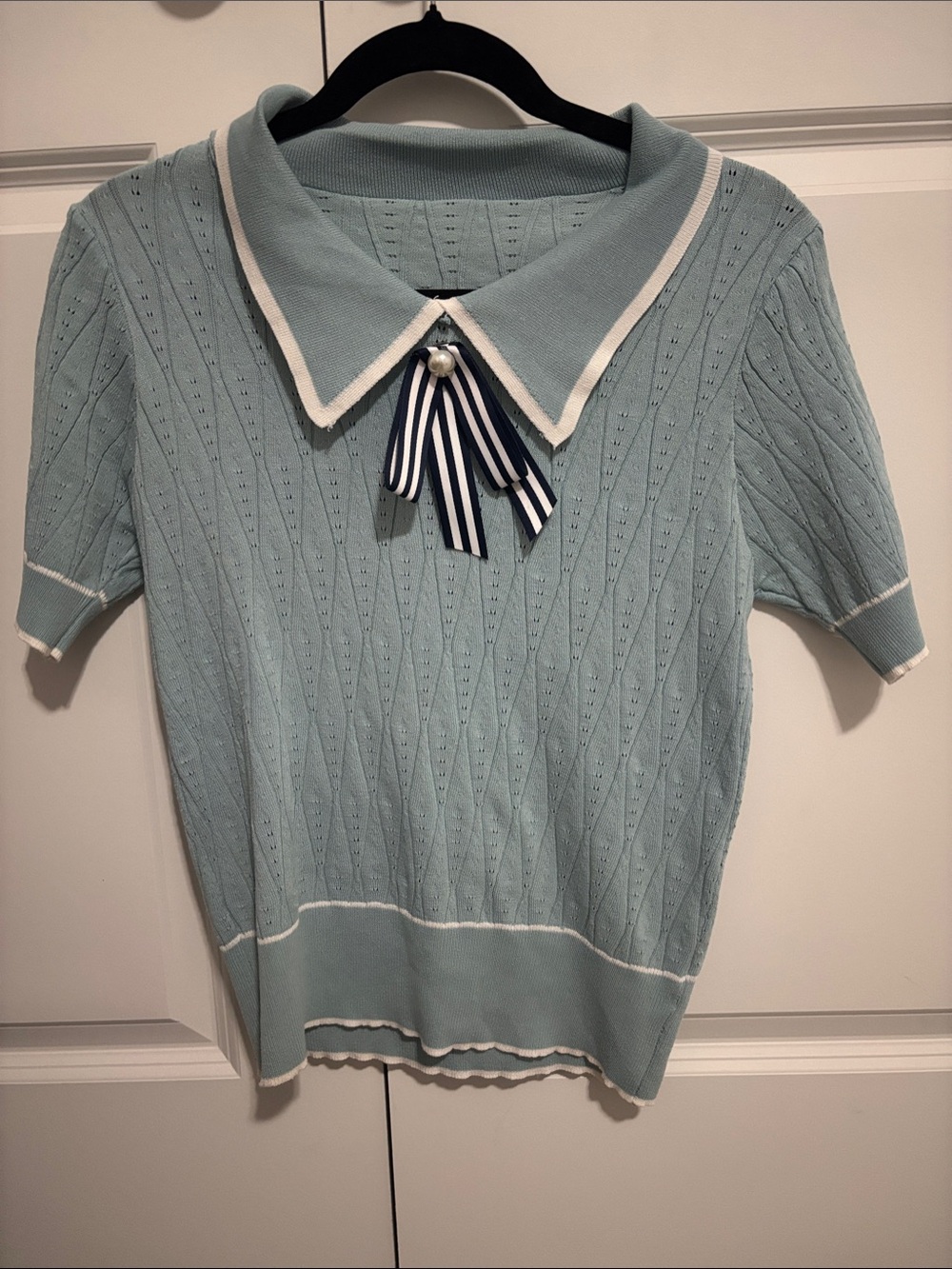 Light Blue Knit Polo Top with Ribbon Bow
